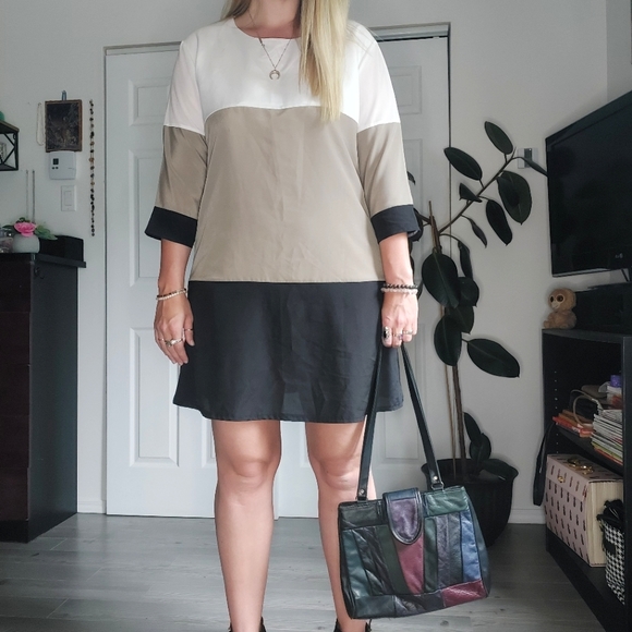 NEUTRAL TONED COLORBLOCK CLASSIC DRESS - Picture 9 of 10